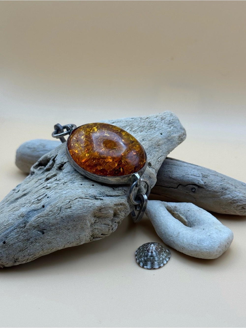 Vintage Baltic Amber & Sterling Silver Cuff Handmade 5 ½–6”
